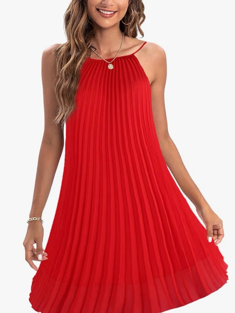 Red Pleated Swing Dress